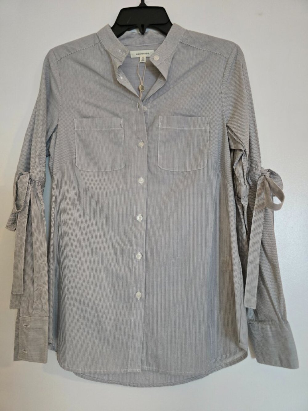 NWT Max Studio Striped Cotton Button Down Shirt, Tie Sleeves Black/White Small